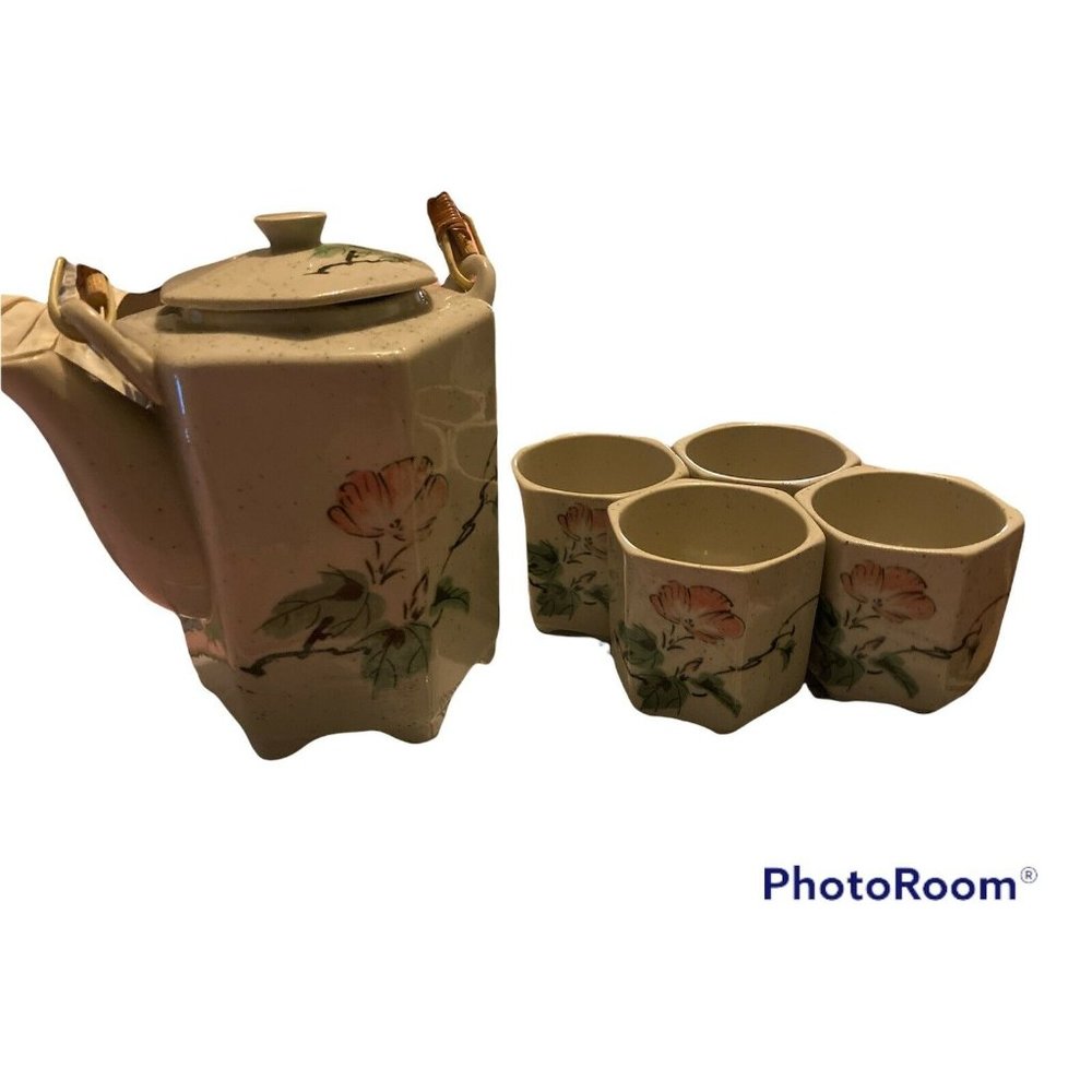 Vintage Japanese Pottery Tea Set Teapot 4 Cup Rattan Handle Cherry Blossom Pier1